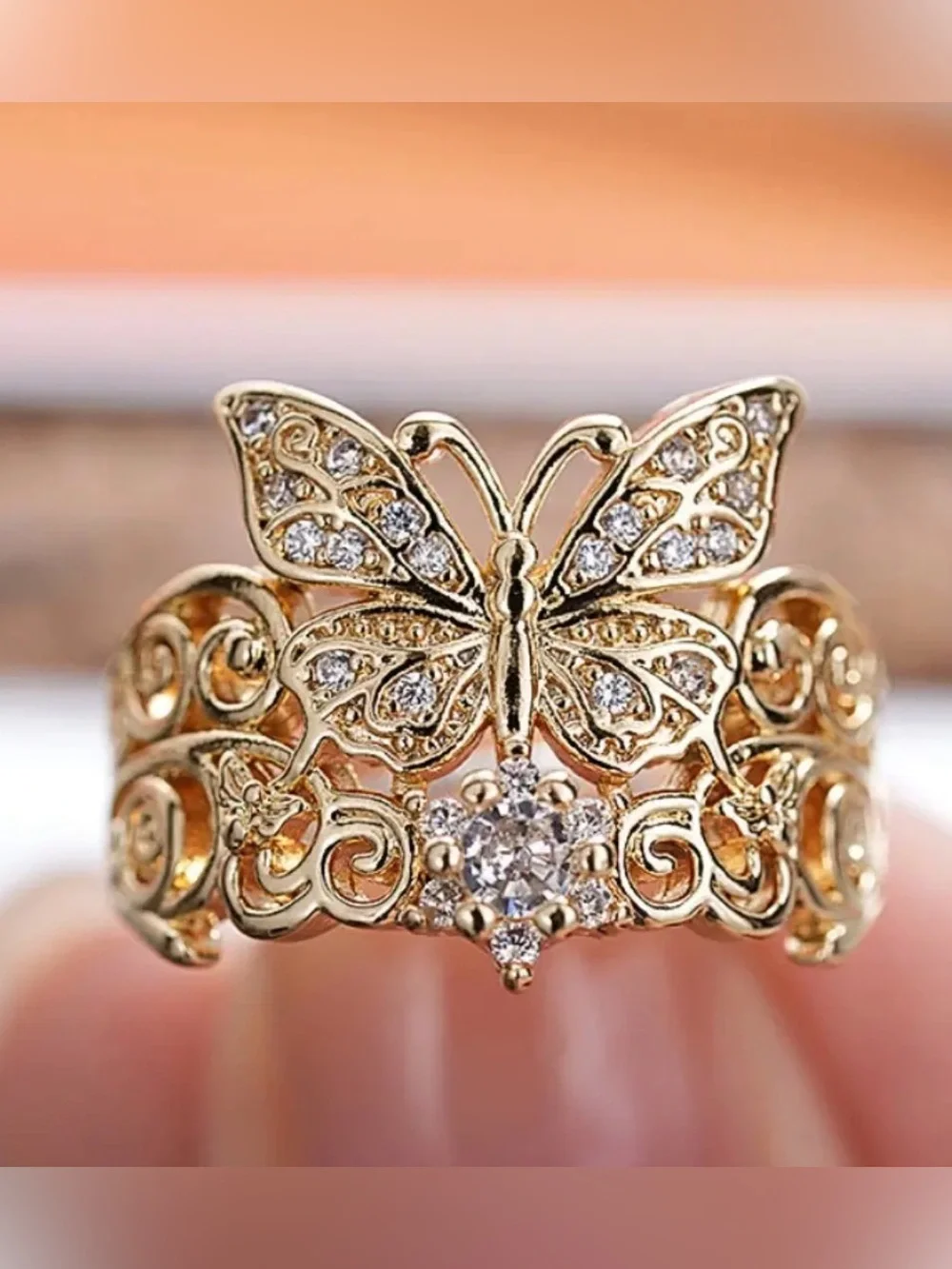 Gold Butterfly Filigree Clear Crystal Ring.